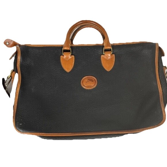 Dooney & Bourke Vintage 80s 90s AWL Black Tan Leather Briefcase Laptop Bag - Picture 1 of 13